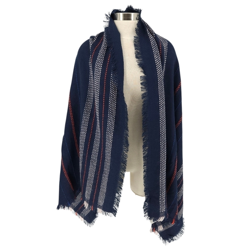 Old Navy Oversized Wrap Scarf Rectangle Blue Stripe Cozy Knit Fringe Hem OS - Picture 2 of 3